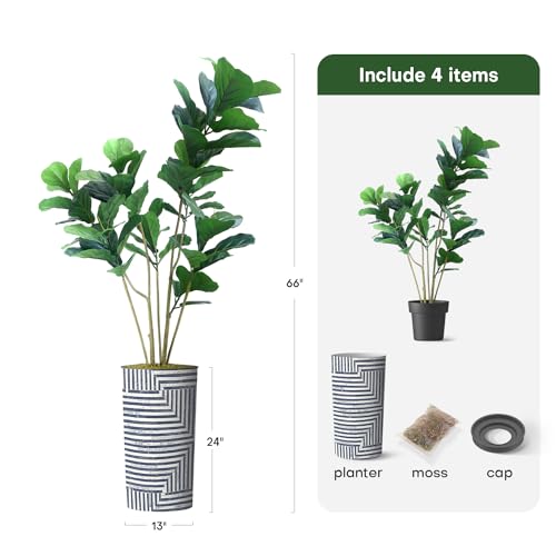 Artificial Tree in Modern Geometric Pattern Planter, Fake Ficus Lyrata Silk Tree for Indoor and Outdoor Home Decoration - 66" Overall Tall (Plant Pot Plus Tree) - style: Ficus Lyrata