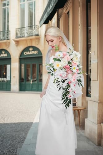 Lisuun Wedding Bouquets for Bride, 16 Inches Wedding Flower Bouquet, Silk Round Bridal Bouquet for Wedding, Ceremony, Anniversary - color: White&pink
