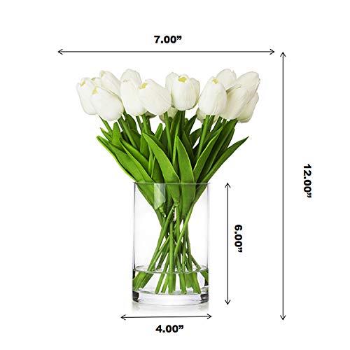 20 Pieces Artificial Real Touch Tulips Flower Arrangement in Glass Vase with Faux Water for Home Decoration (White) - color: White