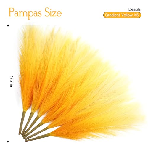 Ureymx Faux Pampas Grass Decor 17.7 Inch 6pcs, Pompas Grass Flower Arrangement and Vase Filler Artificial Pampas Grass Short Decor for Boho Home Wedding Decoration (Gradient Yellow) - color: Gradient Yellow, size: 17 Inch 6 Pcs