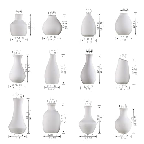 White Ceramic Bud Vase Set of 12 DIY Matte Flower Vases | Modern mini ceramic vases for home decor, wedding centerpieces, farmhouse shelves, mantel display and creative DIY styling - color: White - 12 Pcs