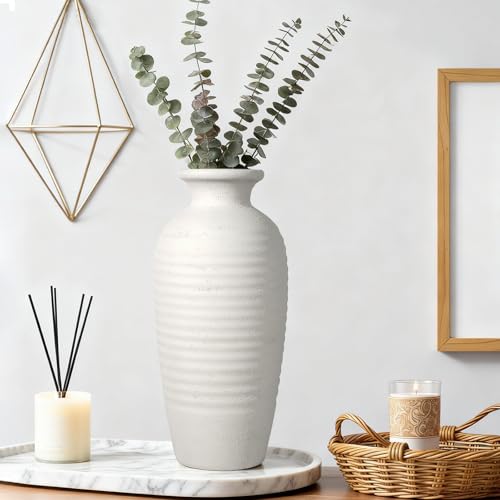 14.4" Vintage Tall Ceramic Vase, Farmhouse Modern Living Room Decor | Textured Surface Flower Vase for Home Decor,Large Ceramic vase Perfect for Living Room, Gift for Housewarming - size: 14.4In