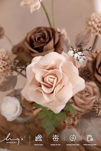 Ling's moment Artificial Wedding Flowers Combo, Fake Greenery for DIY Bouquets Centerpieces Decorations Foam Rose Ranunculus with Stems for Party Home Decor, Earth Brown & Sand Beige, Deluxe Combo - color: Earth Brown & Sand Beige, size: Deluxe