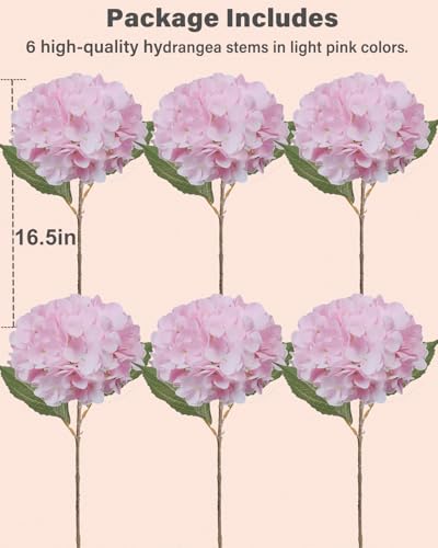 6PCS Premium Pink Hydrangea Artificial Flowers Bouquets, Light Pink Silk Hydrangea Flowers Heads with Stems, Fake Hydrangeas Flowers Arrangement, Faux Hydrangea Decor for Home Wedding Party - color: Pink Blush