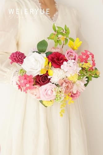 Artificial Flower Box Set Silk Fake Flowers DIY Center Cake Decoration Wedding Bouquet Corsage Home Decor Outdoor Decor Gift (Bright Pink) - color: Bright Pink
