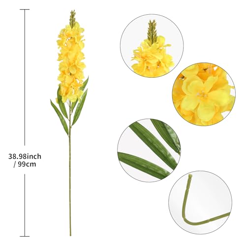 IPOPU 6PCS Delphinium Artificial Flowers 39" Realistic Faux Hyacinth Long Stem Delphinium Silk Flowers for Tall Vase Filling Wedding Centerpieces Home Decor (Yellow) - color: Yellow