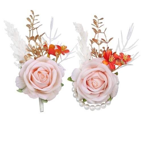 Pink Wrist Corsage and Boutonniere Set, Flower On Wrist for Bride Bridesmaid Wedding, Boutonniere for Men Groom Groomsman Wedding Accessories Prom Party Suit Decorations - color: Wrist Corsage and Boutonniere Set-pink