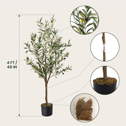 Artificial Fake Olive Tree 4FT Tall 1Pack Faux Silk Olive Tree for Home Living Room Office Decor Faux Artificial Plants Indoor Fake Potted Plants with Fruit & Free Moss - size: 4ft
