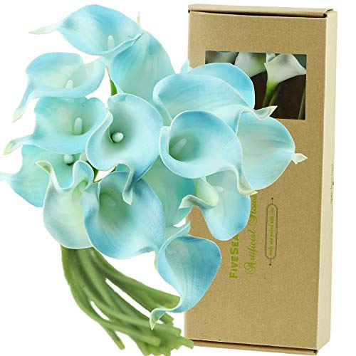 FiveSeasonStuff Real Touch Calla Lily Artificial Flowers Wedding Bridal Bouquet | Floral Arrangements | 15 Calla Lilies (Lake Blue) - color: Lake Blue