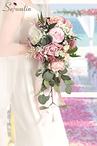 Serwalin 9.8 Inch Wedding Bouquets for Bride Bridesmaid, Dusty Pink Peonies Bridal Bouquets for Bride, Wedding Flowers Bouquet Tossing Bouquet, Wedding Ceremony and Anniversary Day Decor - color: A Athens Dusty Pink