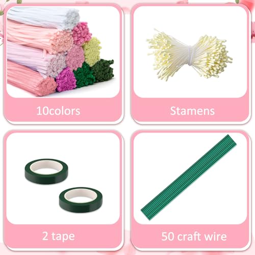 Peryiter 1402 Pcs Pipe Cleaners Flowers Set 1000 Pcs 10 Colored 12 Inch Chenille Stems for Tulip Bouquet Making Art DIY Craft Projects Creative Gift Party Wedding Decorations(Pink Flower) - color: Pink Flower