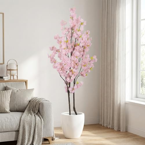 Artificial Pink Cherry Blossom Tree 7ft(84in) Faux Floor Green Plant for Indoor Decor Natural Potted Tree Realistic Cherry Flowers Wood Trunk for Home Living Room,Office Perfect Housewarming Gift - color: Cherry Blossom(pink 3), size: 7ft