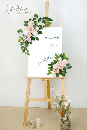 Wedding Decor (Pack of 2) Welcome Sign Flower Backdrop Garland for Ceremony Reception Wall Easel Home Decoration Entryway Faux Outdoor Board Head Table Decor (Blush) - color: Blush