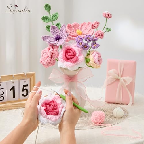 Serwalin Crochet Flower Bouquet,Pink Knitted Flowers,Roses Crochet Flowers for Mother’s Day Lover Wedding Anniversary Birthday Valentine Day Back-to-School or Graduation Ceremonies Gift (with Card) - color: Athens Pink and Purple