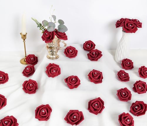 IPOPU 100PCS Burgundy Rose Artificial Flower Heads, 3in Real Looking Stemless Foam Roses Fake Flowers Bulk with Crystal for DIY Craft Wedding Bouquets Arrangements Party Home Decorations(Burgundy) - color: Burgundy With Crystal
