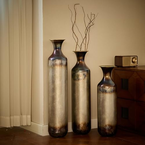 Metal Decorative Vase Tall Floor Centerpiece Antique Vases for Living Room, Set of 3 Vases for Home Decoration 28", 24", 20" Height, Steel Gray - color: Floor Vases Steel
