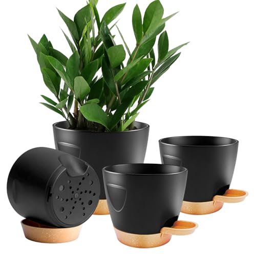 Self Watering Plant Pots with Drainage & Saucers, 4-Pack 6.5/6/5.5/5 in - Plastic Flower Pots for Indoor Plants, Succulents & Herbs, Planters for Indoor Outdoor & Balcony (Black) - color: 4pc-6.5/6/5.5/5in-black
