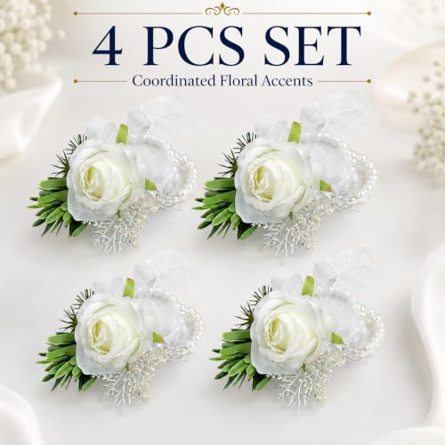 ChezMax Handmade White Wrist Flower Artificial Hand Flower with Ribbon 4 PCS for Bride Groom Wedding Prom Party - color: A-white Wrist Flowers-4 Pcs
