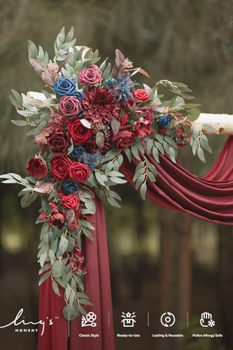 Ling's moment Burgundy Artificial Wedding Arch Flowers Kit Pack of 4, 2pcs Hanging Flower Arrangement 2pcs Chiffon Drapes Ceremony Reception Fake Rose Arbor Backdrop Floral Party Outdoor Decorations - color: Red-burgundy & Navy