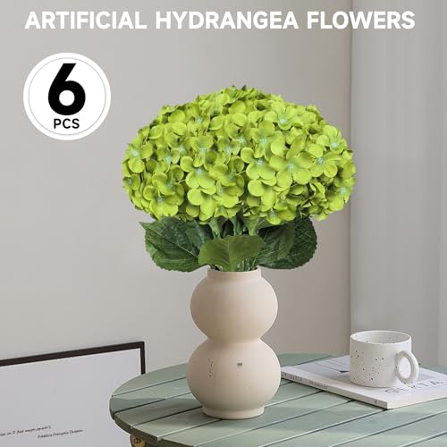 6 PCS Artificial Hydrangea Flowers, Realistic Silk Faux Hydrangeas with Long Stems, Fake Flowers for Wedding Bouquets, Home Table Centerpieces, Party & Indoor Outdoor Decor(GrassGreen) - color: Grass Green