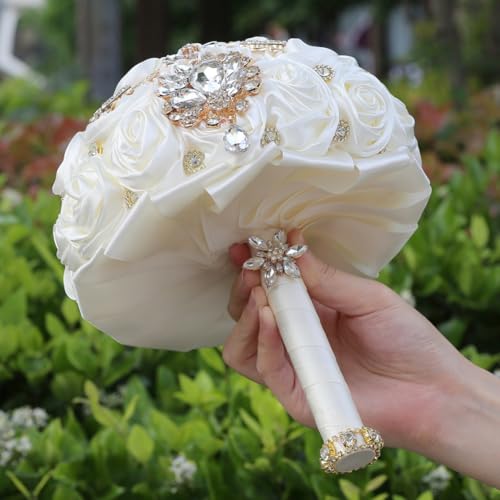 6.3in Small Bridal Bouquet Wedding Handmade with Luxury Gold Rhinestone Brooch Satin Rose Flower for Bridesmaid Bridal Wedding Bouquet Ivory - color: Ivory, size: Small (DIA. 6.3"/16cm)