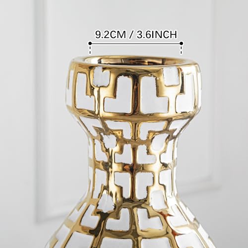 Pair of 24.4" Tall Ceramic Cylinder Vases with Geometric Gold Accents, Large Flower Vase, Decorative Vase - Modern White & Gold Floor Vases for Living Room, Entryway Decor (Set of 2) - color: White With Gold Set of 2
