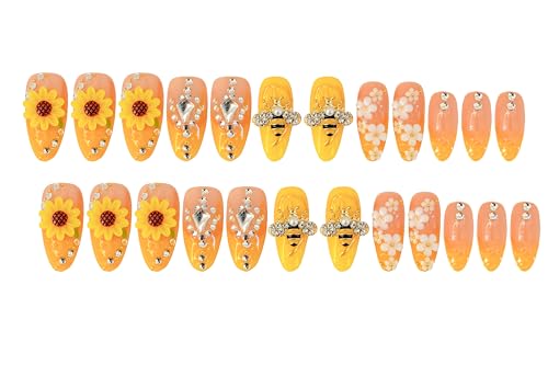 Handmade Press on Nails 24 Pcs, 3D Sunflowers, Medium almond, Yellow | Handmade 12 Sizes False Nails, French Tips,Almond Length,3D Cute Honey,Flower,Manicure Kit,Women&Girls,Spring&Summer,Party