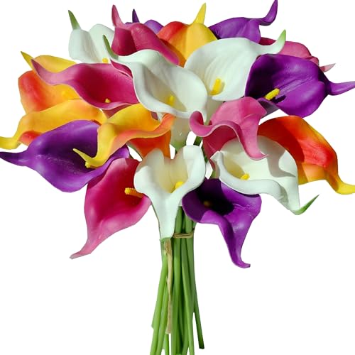 Mandy's 20pcs Colorful Calla Lily Artificial Flowers | 13.5 Inch PU Realistic Bouquet for Vase Elegant Home Decor Centerpiece Wedding Bridal Bouquet Table Decoration - color: Colorful