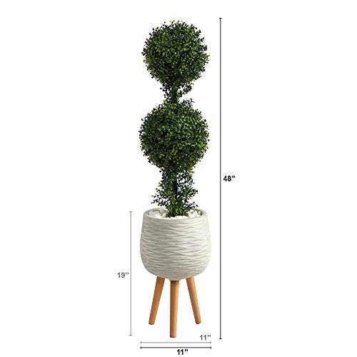 Nearly Natural 4ft. Boxwood Double Ball Topiary Artificial Tree in White Planter with Stand (Indoor/Outdoor)