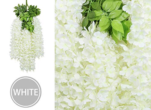 U'Artlines 24 Pack (Total 86.4 Feet) Artificial Fake Wisteria Vine Rattan Hanging Garland Silk Flowers String Home Party Wedding Decor (24, White) - color: White