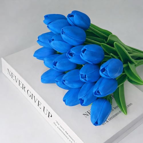 20 Pcs Tulips Artificial Flowers, 13.5'' Real Touch PU Fake Flowers Bouquet for Home Party, Spring Wedding Floral Arrangement, Valentine's, Easter and Mother's Day Decor (Blue) - color: Blue