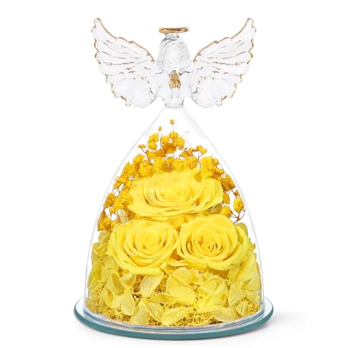 Mothers Day Flowers Gifts for Mom Flowers for Delivery Preserved Flowers Forever Real Fresh Roses in Glass Angel Figurines Birthday Gifts for Women Anniversary Present for Grandma Wife from Daughter - color: Yellow (Rose, Baby's Breath, Hydrangea)