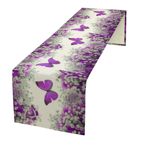 Floral Butterfly Spring Table Runner, Purple Flowers Seasonal Kitchen Dining Table Decoration for Home Party Decor 13x36 Inch - color: Butterfly_6, size: 13x36inch