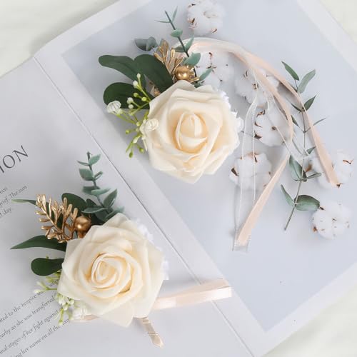 Champagne Rose Wrist Corsage Bracelet Wristlet Band and Men Boutonniere Set Artificial Flowers Corsage Wristband Boutonniere Set for Wedding Prom Bride Groom Homecoming Suit Decorations - color: Champagne