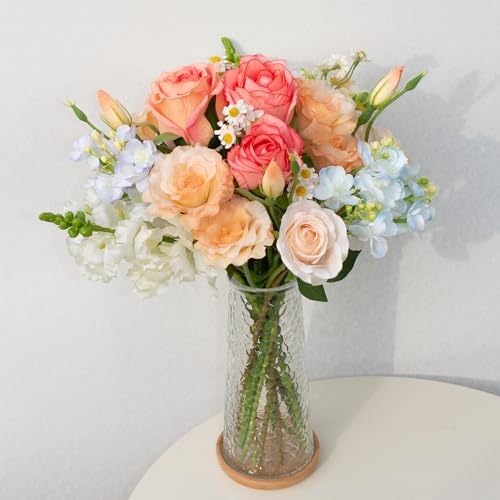 15-Stems Curated Artificial Flower Set, 17.5" Faux Silk Rose & Lisianthus, Long Stem Fake Flowers for Vase, Decorative Floral Centerpieces for Dining Table, Wedding Centerpieces (Vase Not Included)