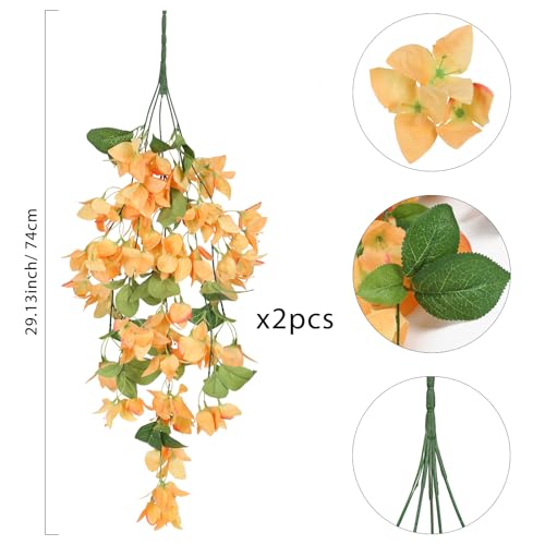 IPOPU Artificial Bougainvillea Hanging Flowers 2PCS UV Resistant Fake Silk Bougainvillea Plant Vine Faux Hanging Flowers for Garden Yard Porch Patio Wedding Wall Home Outdoor Decor (Orange) - color: Orange