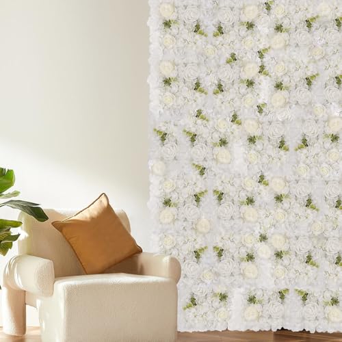3D Flower Wall Backdrop - 12Pcs 15×15 Inch Artificial Rose Panels White Silk Floral Decor for Home Party Wedding Anniversary Birthday Photographic Studio Background & Decorative Fences - color: White, size: 12PCS-15x15