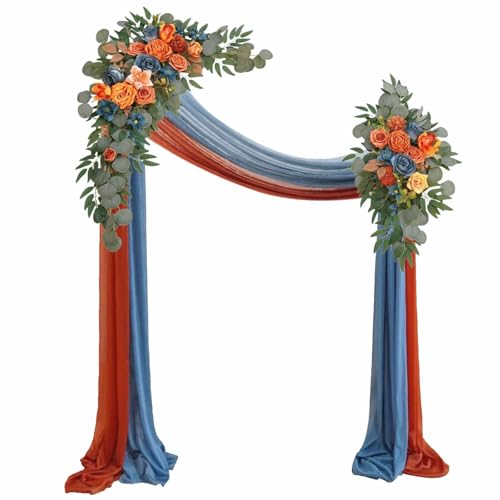 Muhanjia Artificial Wedding Arch Flowers Kit(Pack of 4),2Pcs Artificial Flower Arch Decor, 2Pcs Chiffon Fabric Drapes, Ceremony Decoration, Floral Outdoor Party Decor (Burnt Orange & Dark Teal) - color: Burnt Orange & Dark Teal