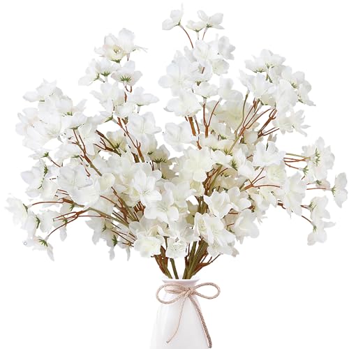 Sggvecsy Artificial Cherry Blossom Flowers 4 Pcs Faux Cherry Blossom Stems Faux Silk Cherry Blossom Branches 15.7’’ Fake Peach Flowers for Vase Arrangements Home Wedding Table Decor (White) - color: White, size: 4 Pcs