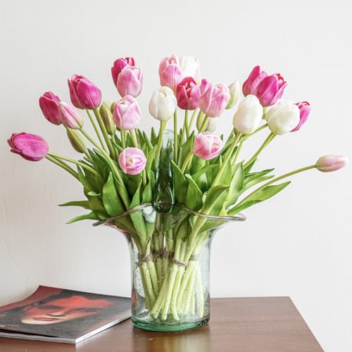 DUYONE 40pcs Artificial Tulips Flowers,Soft Touch Latex Bouquet,Fake Tulips for Office Wedding Party Home Kitchen Garden Decoration - color: 40pcs Peachblow Set (No Vase)
