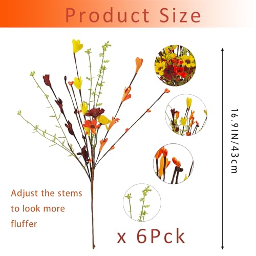 Fall Flowers Artificial for Decoration,6 Pcs Fall Floral Stems with Daisies Forsythia Flowers Berry Leaf Stem for Autumn Harvest Thankgiving Home Table Vase Centerpiece Decor（Yellow Orange Burgundy） - color: Yellow Orange Burgundy
