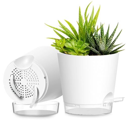 Plant Pots 8 Inch Self Watering Pots, 2 Pack Plastic Planters with Drainage Holes and Clear Saucers,Plastic Flower Pots for Indoor Out Door Plants(White) - color: White, size: 8 inch