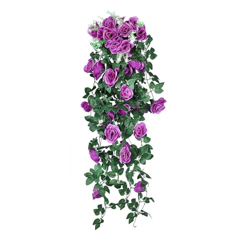 RECUTMS 2PCS Artificial Hanging Rose Flower Plants, 37 Inch Purple Fake Silk Floral Ivy Garlands for Outdoors Home Room Garden Front Porch Wedding Arch Bridal Shower Easter Indoor Party Greenery Decor - color: Purple, size: 2 pcs
