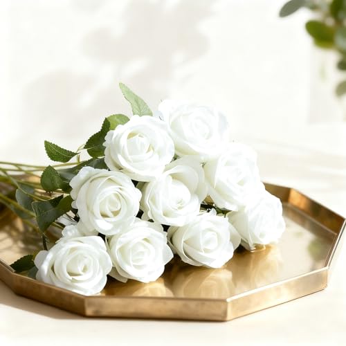 50Pcs White Roses Artificial Flowers with Stems，Fake Roses Bouquet Fake Flowers Bulk，Silk Velvet Roses for Wedding Centerpieces Arrangement Baby Shower Birthday Home Decor Gifts - color: White, size: 50