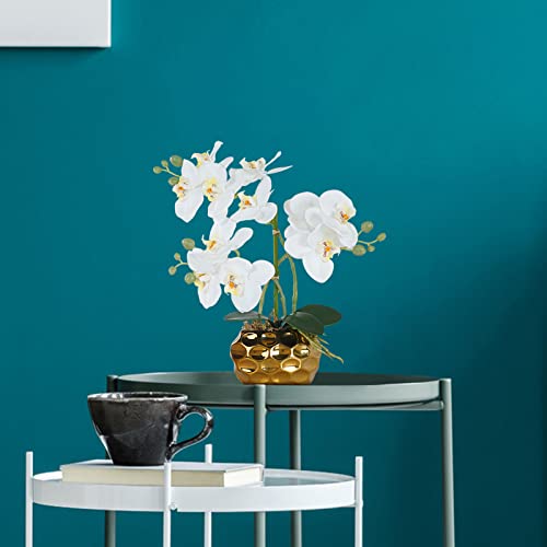 Ziwon Artificial Orchid Flowers & Plants Potted in Ceramic Pot, White Faux Phalaenopsis Orchids for Table Centerpiece, Realistic Fake Flower Arrangement for Home Office Decor Indoor - color: White & Gold 01