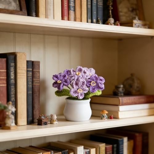 Handmade Forget Me Not Potted - Crochet Myosotis Flowers, Valentines Day Artificial Flower Gift for Women, Cute Crochet Flower Decor for Home Office Desk (DFM-GPURPLE) - color: Dfm-gpurple