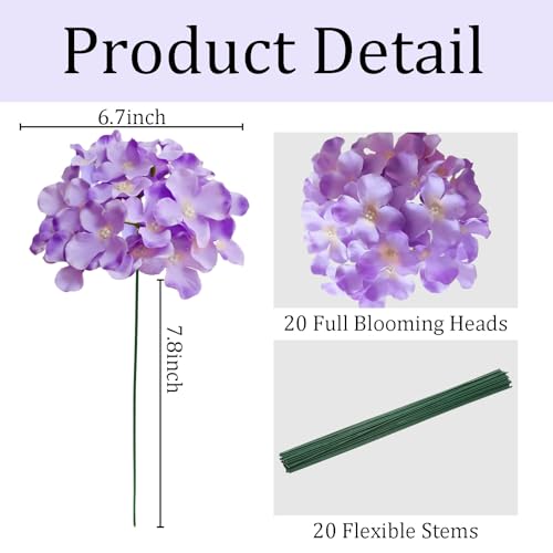 Hydrangea Artificial Flowers, 20 Pcs Purple Hydrangea Artificial Flowers Bulk, Faux Hydrangea Flowers for Outdoor, Fake Silk Hydrangea Flowers with Stems for Wedding Decoration Decor - color: Purple, size: 20 Pcs