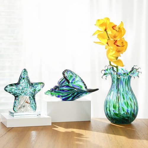 Green Glass Bubble Vase for Flowers, 8.5" Blown Glass Vase for Home Decor, Modern Art Flower Vases Decorative | Table Centerpiece, Olive Plant, Wedding, Living Room, Bookshelf, Office, Entryway - color: Green Bubble