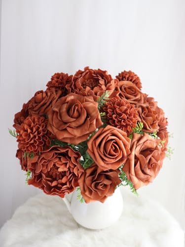 Burnt Orange Artificial Flowers Combo Mixed Flowers with Stem for DIY Wedding Bouquets Centerpieces Baby Shower Party Home Decorations - color: Classic Burnt Orange