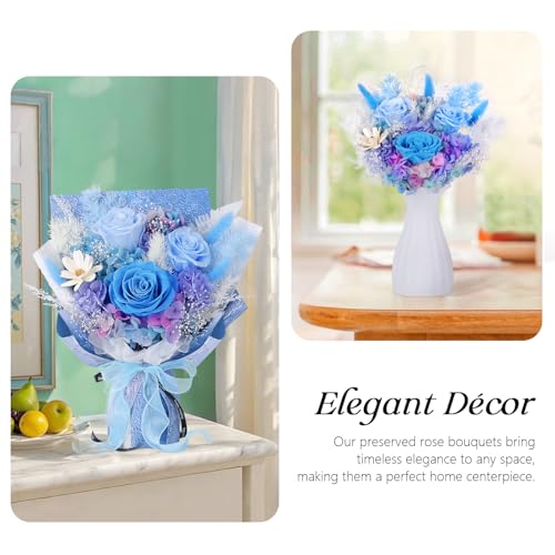 Preserved Flowers Bouquet 3 Roses - Blue Real Rose & Flowers for Delivery, Long-Lasting Flower with Gift Box, Eternal Roses Bouquet for Mothers, Mom, Wife Anniversary Birthday Gifts for Women and Men - color: Blue
